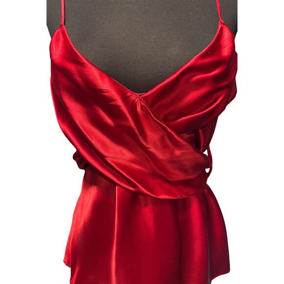 Boston Proper Red Silk Faux Wrap Plunging V Top Empire Waist Self Belt Sz 10 - Picture 2 of 6